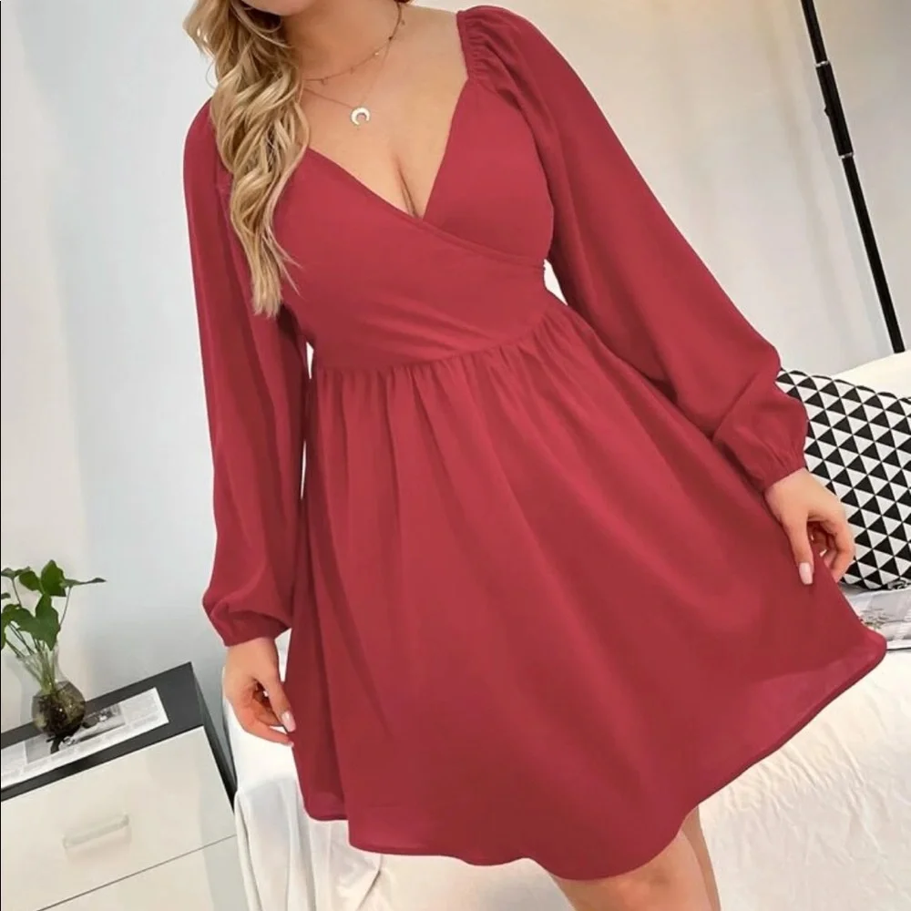 Rose red plus size bishop sleeve mini dress - Picture 1 of 15